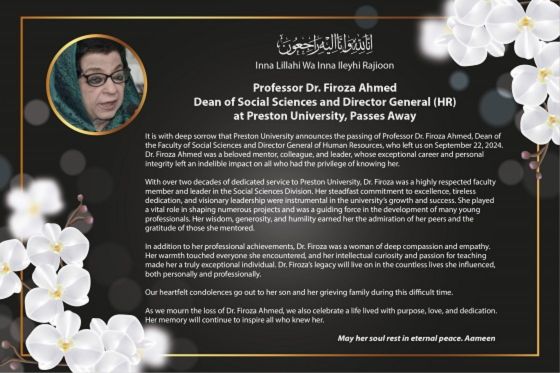 Professor Dr. Firoza Ahmed, Dean of Social Sciences Preston University Passes Away